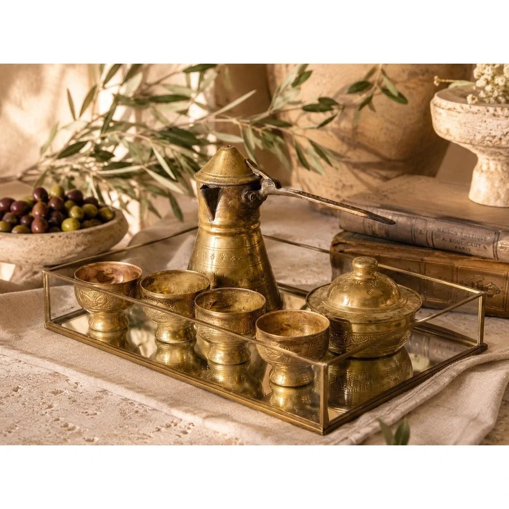 Vintage Brass Tea Set Engraved Coffee Pot & 4 Cups Moroccan Mediterranean Decor